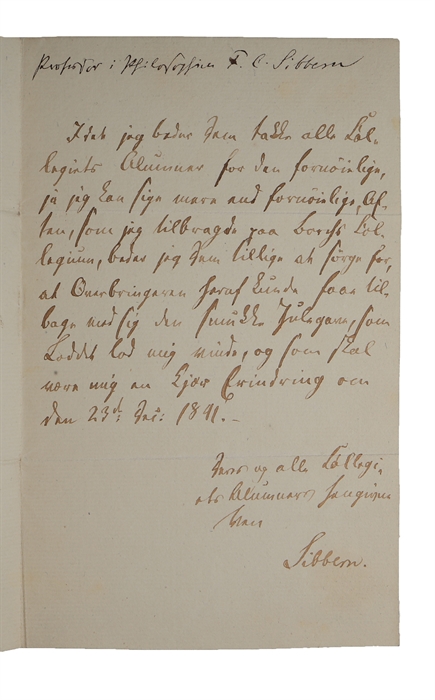 Originalt håndskrevet brev til "Herr Licent: Lind", signeret "Sibbern".