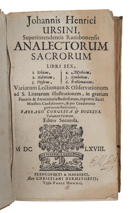 Analectorum Sacrorum Libri Sex, 1. Ethicus, 2. Historicus, 3. Physicus, 4. Mythicus, 5. Symbolicus, 6. Problematicus, Variarum Lectionum & Observationum. 2 parts. 