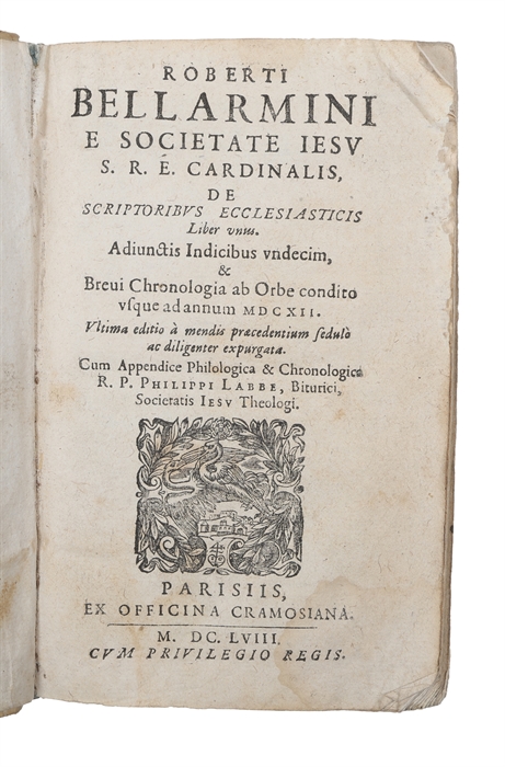 De scriptoribus ecclesiasticis liber unus. Adiunctis Indicibus undecim ... Ultima editio à mendis praecedentium sedulo ac diligenter expurgata. Cum appendice philologica et chronologica R.P. Philippi Labbe, Biturici, Societatis Iesu Theologi. 