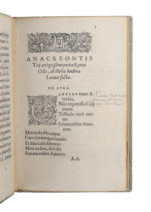 Anacreontis teii antiquitissimi poëtae Lyrici Odae, ab Helia Andre Latinae factae. 