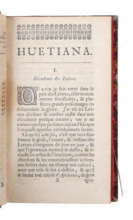Huetiana, ou pensees diverses de M. Huet, eveque d´Avraches. Nouvelle edition, augmentée de la description en vers latins du voyage de l?auteur en Suède.