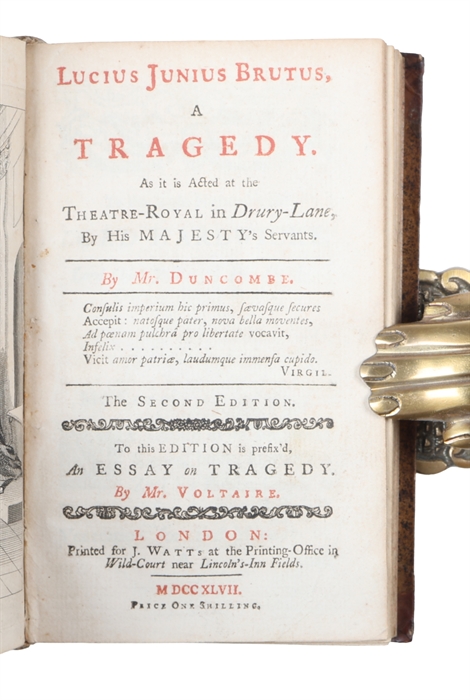 Athaliah. A tragedy (+) Lucius Junius Brutus, A Tragedy. By Duncombe (+) An Essay on Tragedy by Mr. Voltaire (+)  The Fatal Secret. A Tragedy. By Mr. Theobald (+) Philotas. A Tragedy. By Philip Frowde. The Fall of Saguntum. A Tragedy. By Phil. Frowde.