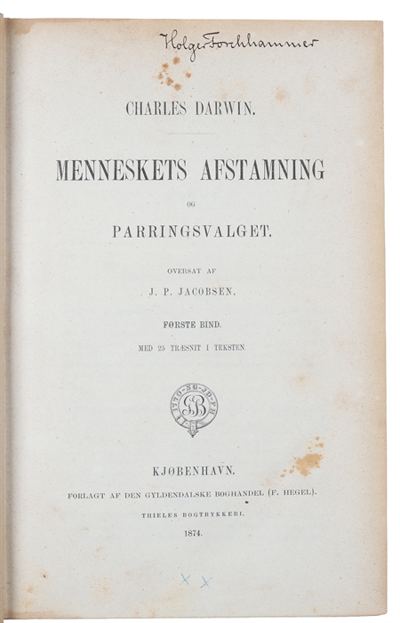 Menneskets Afstamning og Parringsvalget. Oversat af J.P. Jacobsen. 2 vols.