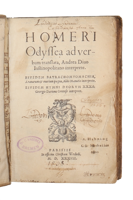 Odyssea adverbum translata, Andrea Diuo Iustinopolitano interprete. Eiusdem Batrachomyomachia, i.ranarum et murium pugna, Aldo Manutio interprete. Eiusdem Hymni Deorum XXXII. Georgio Dartona Cretense interprete. 