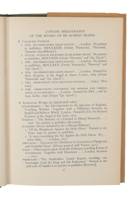 Patriarcha and Other Political Works of Sir Robert Filmer