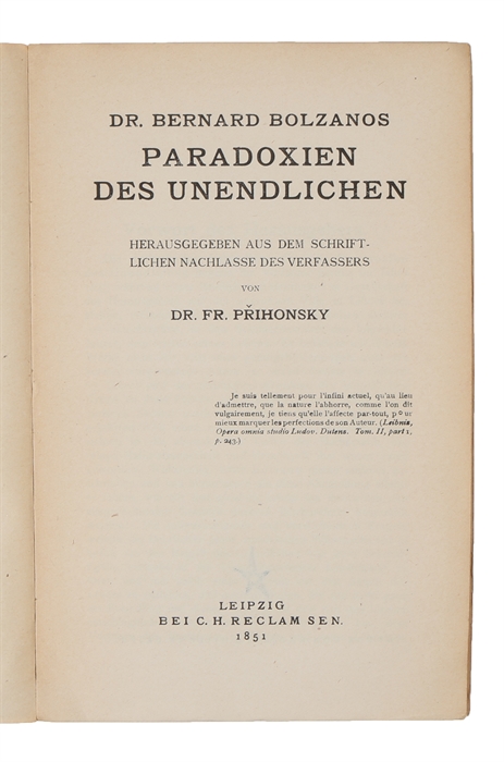 Paradoxien des Unendlichen. Neu Herausgegeben durch Alois Höfler. Mit Anmerkungen versehen von Hans Hahn. (In Philosophische Bibliothek, Bd. 99).