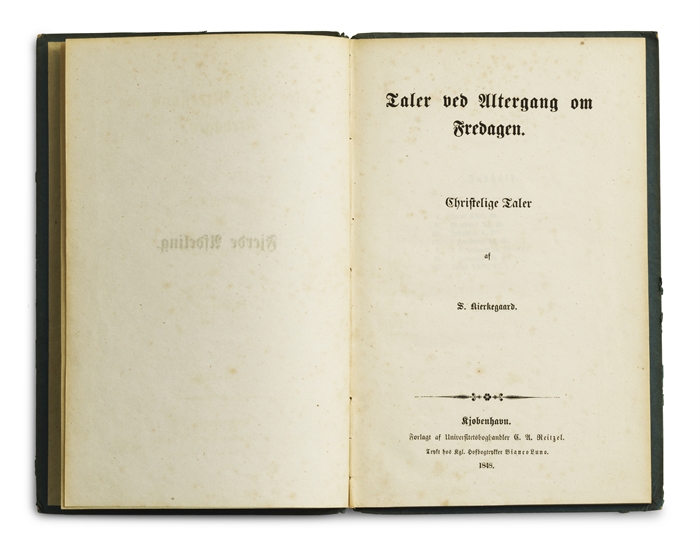 Christelige Taler af S. Kierkegaard. Første Afdeling. Hedningenes Bekymringer. Anden Afdeling. Stemninger i Lidelsers Strid. Tredje Afdeling. Tanker, som saare bagfra – til Opbyggelse. Fjerde Afdeling. Taler ved Altergangen om Fredagen. 