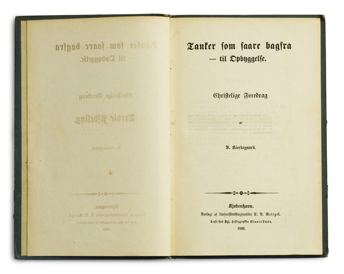 Christelige Taler af S. Kierkegaard. Første Afdeling. Hedningenes Bekymringer. Anden Afdeling. Stemninger i Lidelsers Strid. Tredje Afdeling. Tanker, som saare bagfra – til Opbyggelse. Fjerde Afdeling. Taler ved Altergangen om Fredagen. 