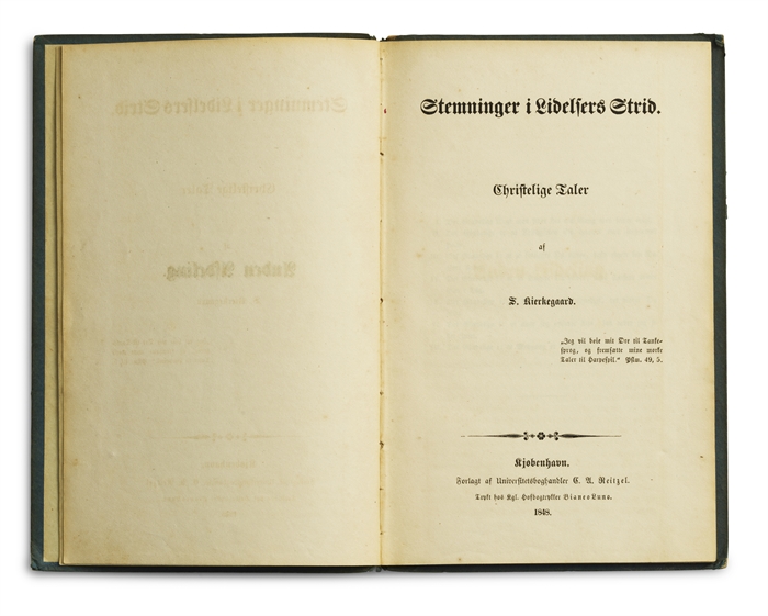 Christelige Taler af S. Kierkegaard. Første Afdeling. Hedningenes Bekymringer. Anden Afdeling. Stemninger i Lidelsers Strid. Tredje Afdeling. Tanker, som saare bagfra – til Opbyggelse. Fjerde Afdeling. Taler ved Altergangen om Fredagen. 