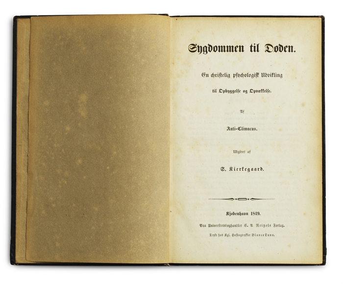 Sygdommen til Døden. En Christelig psychologisk Udvikling til Opbyggelse og Opvækkelse. Af Anti-Climacus. Udgivet af S. Kierkegaard. 