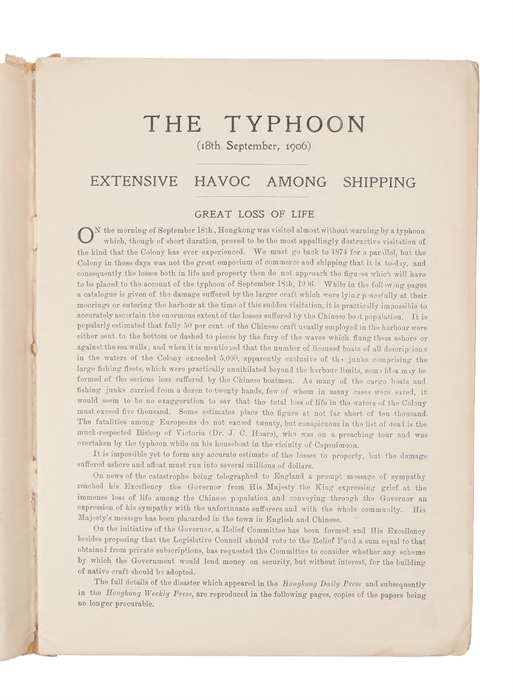 The Typhoon of 18th September, 1906. Reports of the devastation at Hongkong, reprinted from the Hongkong Daily Press.